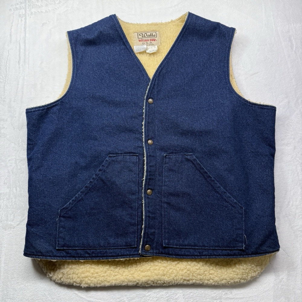 VTG Walls Blizzard Pruf Denim Vest Sherpa Lined Mens Size 2XL Tall USA Made